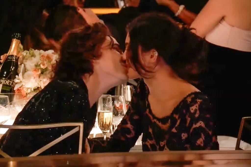 Timothée Chalamet and Kylie Jenner at the 2024 Golden Globe Awards (via X @goldenglobes)
