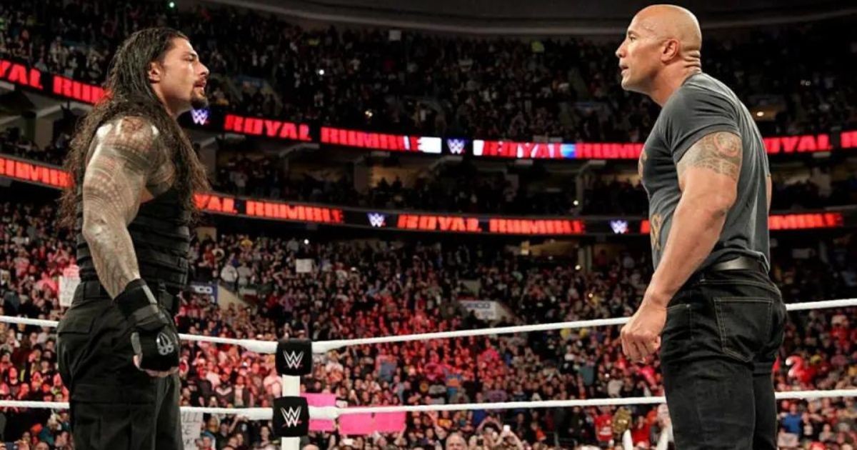 Roman Reigns and Dwayne Johnson at the 2015 Royal Rumble