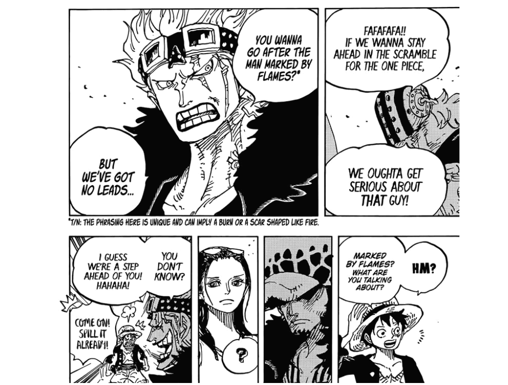 Chapter #1056 of One Piece: Kid talking about the guy with a burn mark