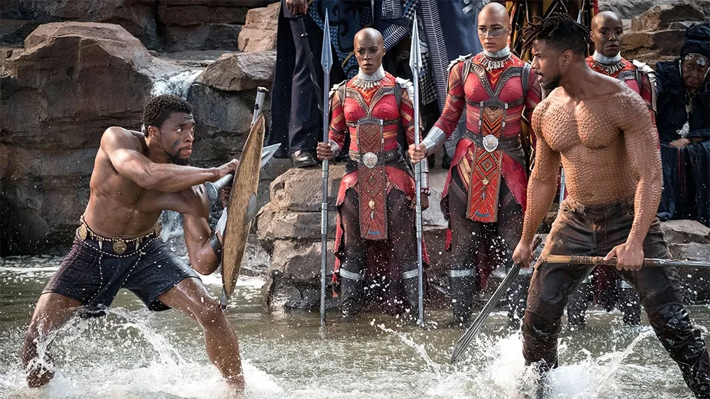 Chadwick Boseman and Michael B. Jordan in a still from Black Panther 