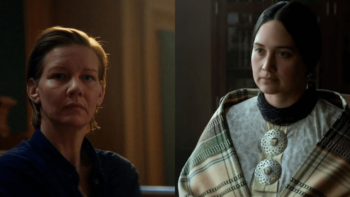 Sandra Hüller in Anatomy of a Fall (left) and Lily Gladstone in Killers of the Flower Moon (right)
