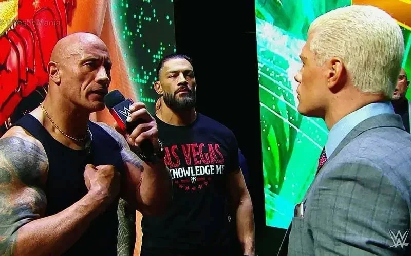 The Rock, Cody Rhodes and Roman Reigns at the WrestleMania 40 kickoff press event