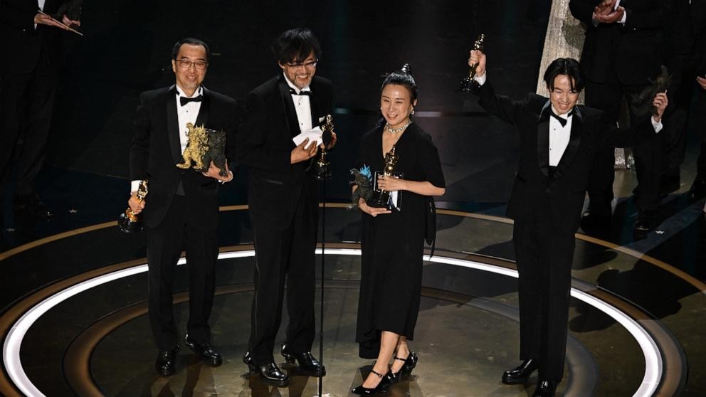 Takaashi Yamazaki and his team receiving their award for Best Visual Effects a the 2024 Oscars