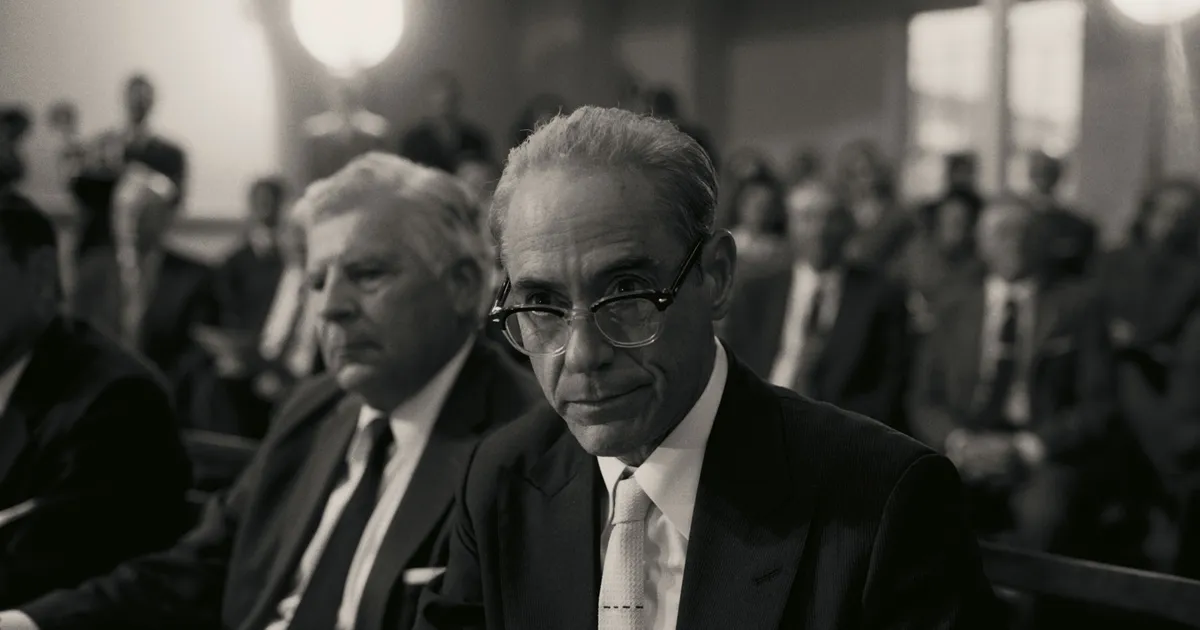 Robert Downey Jr. during the briefing scene in Oppenheimer
