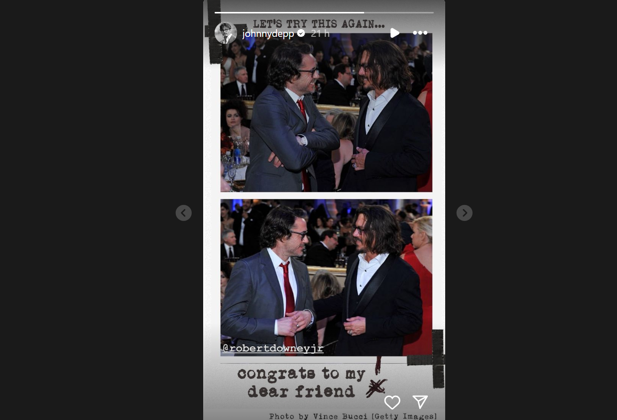 Johnny Depp congratulates Robert Downey Jr. via Instagram stories
