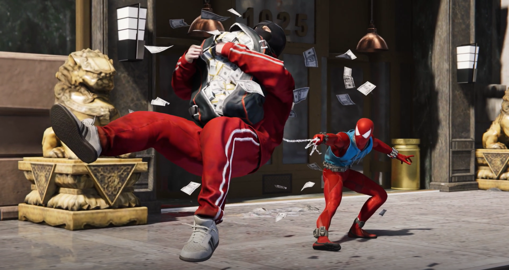 Marvel's Spider-Man stopping thug from escaping. 
