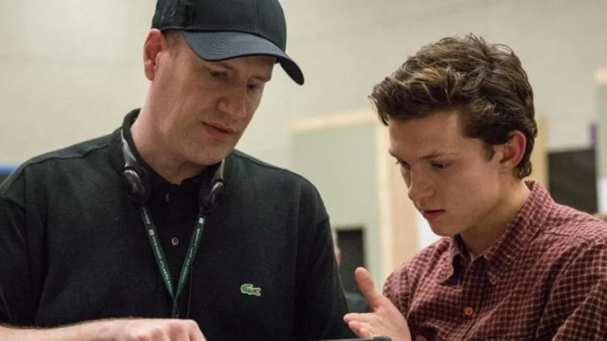 Kevin Feige and Tom Holland on the sets of Spider-Man movie
