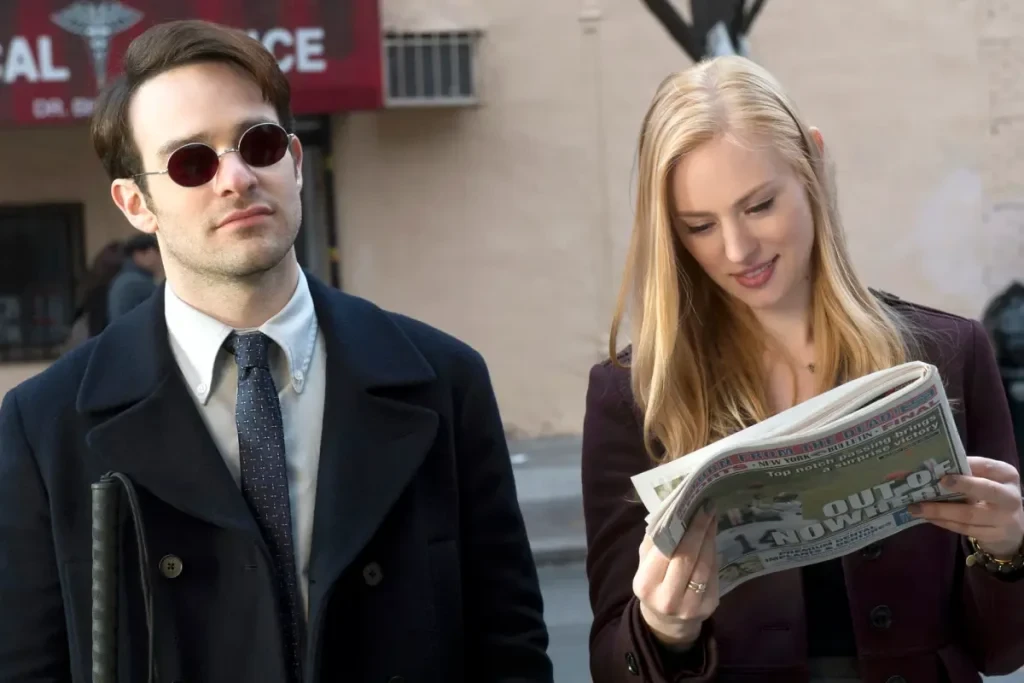 Deborah Ann Woll and Charlie Cox in a still from Daredevil 