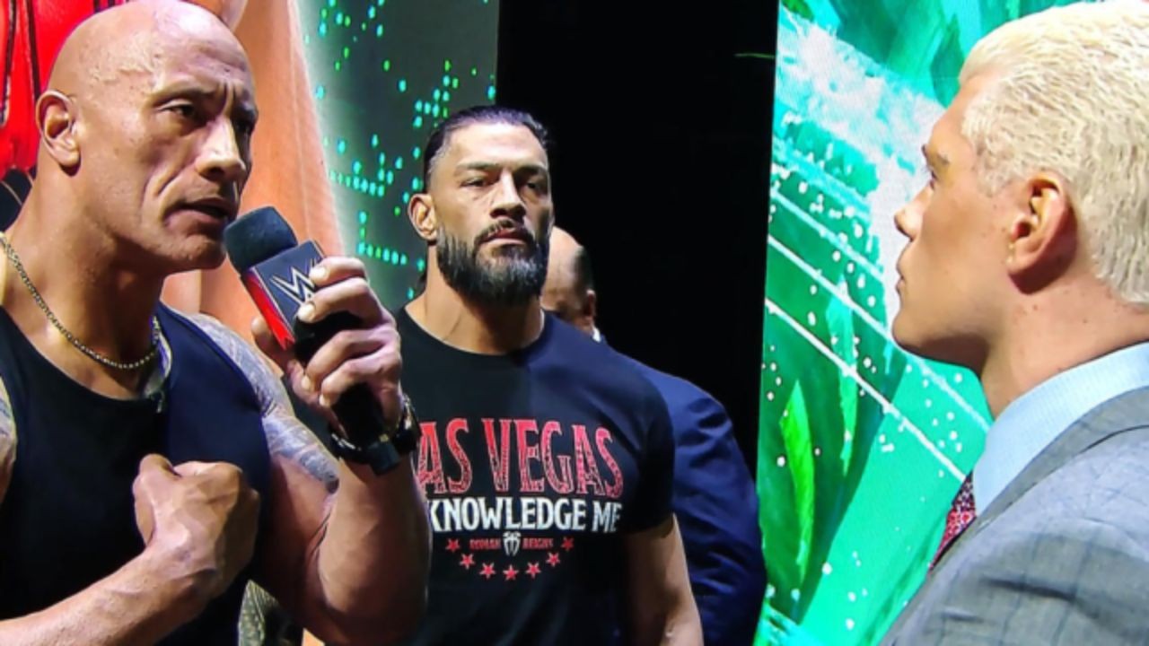 The Rock (L), Roman Reigns (C) and Cody Rhodes (R) at WrestleMania Kickoff