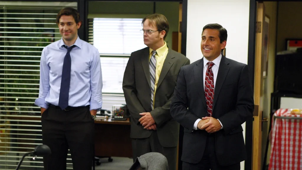 John Krasinski, Rainn Wilson and Steve Carell in a still from The Office.