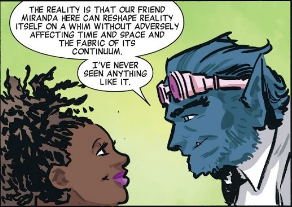 Miranda and Beast in a panel from Marvel Comics. 