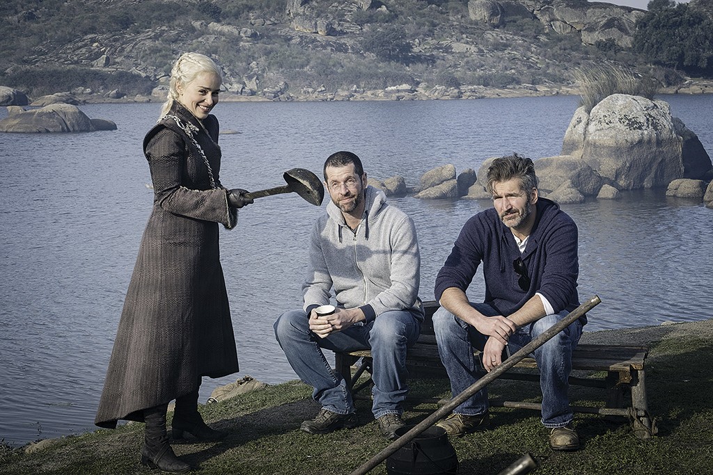 Daniel Weiss, David Benioff and Emilia Clarke on the set of Game of Thrones