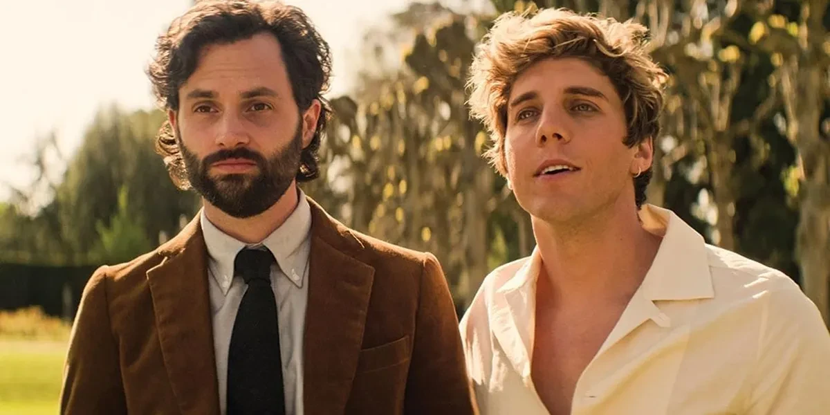 Penn Badgley and Lukas Gage in a still from You