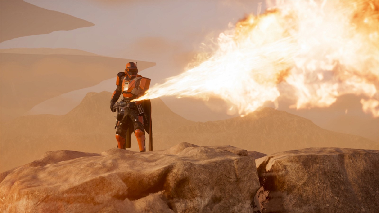 A still of a player using flamethrower in-game