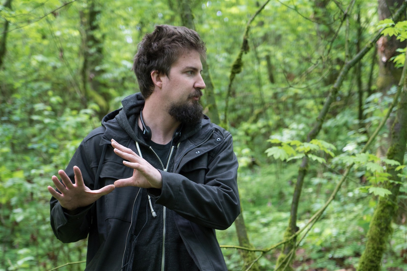 Adam Wingard on the set of Blair Witch 