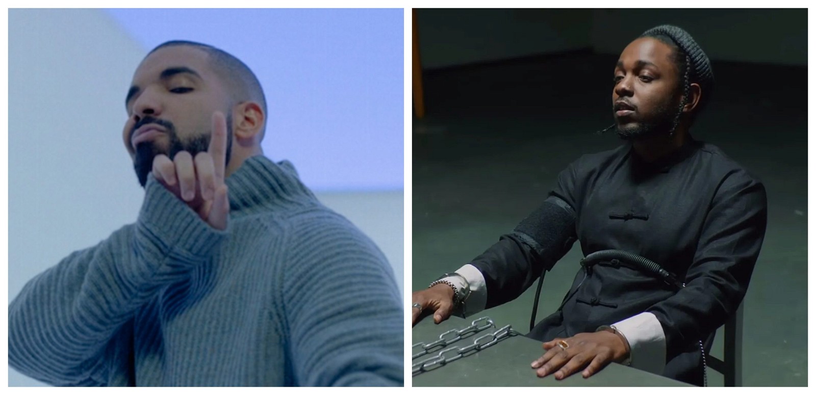 Drake in a still from One Dance and Kendrick Lamar in a still from DNA.