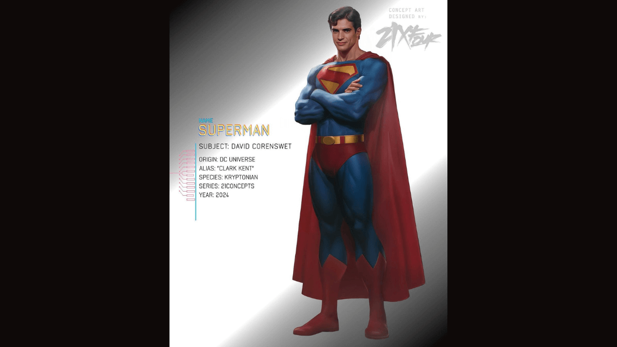 David Corenswet in Superman costume in a fan art by @21xfour