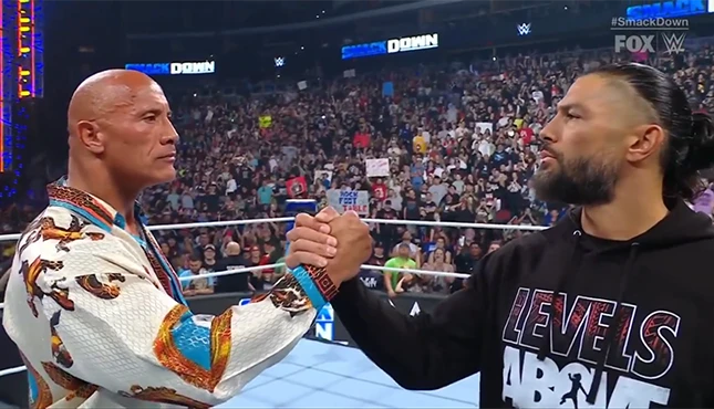 The Rock and Roman Reigns in a still from WWE SmackDown
