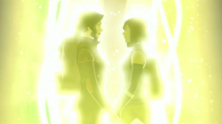 Korra and Asami holding hands at the end of The Legend of Korra