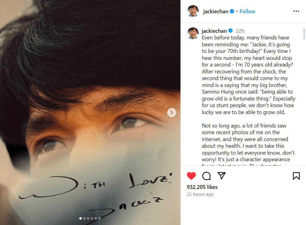 Jackie Chan's Instagram post 
