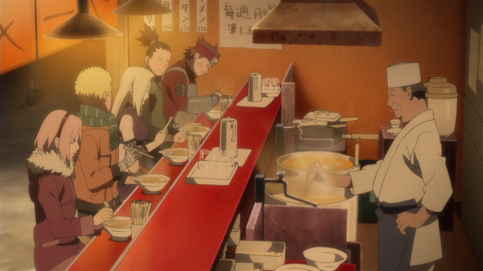 naruto and his friends at ichiraku ramen shop