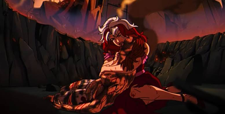 Rogue holding Gambit's lifeless body in X-Men ’97