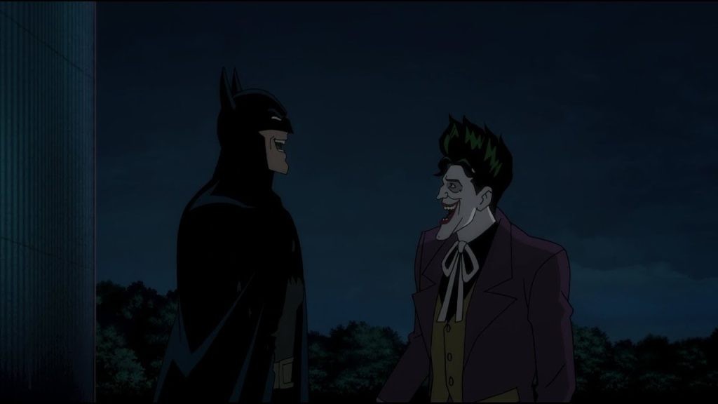 Joker makes Batman laugh in a still from Batman: The Killing Joke featuring Kevin Conroy