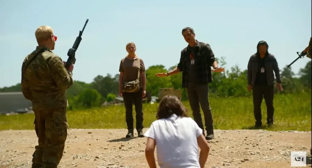 A still of Jesse Plemons' character encountering the journalists in A24's Civil War