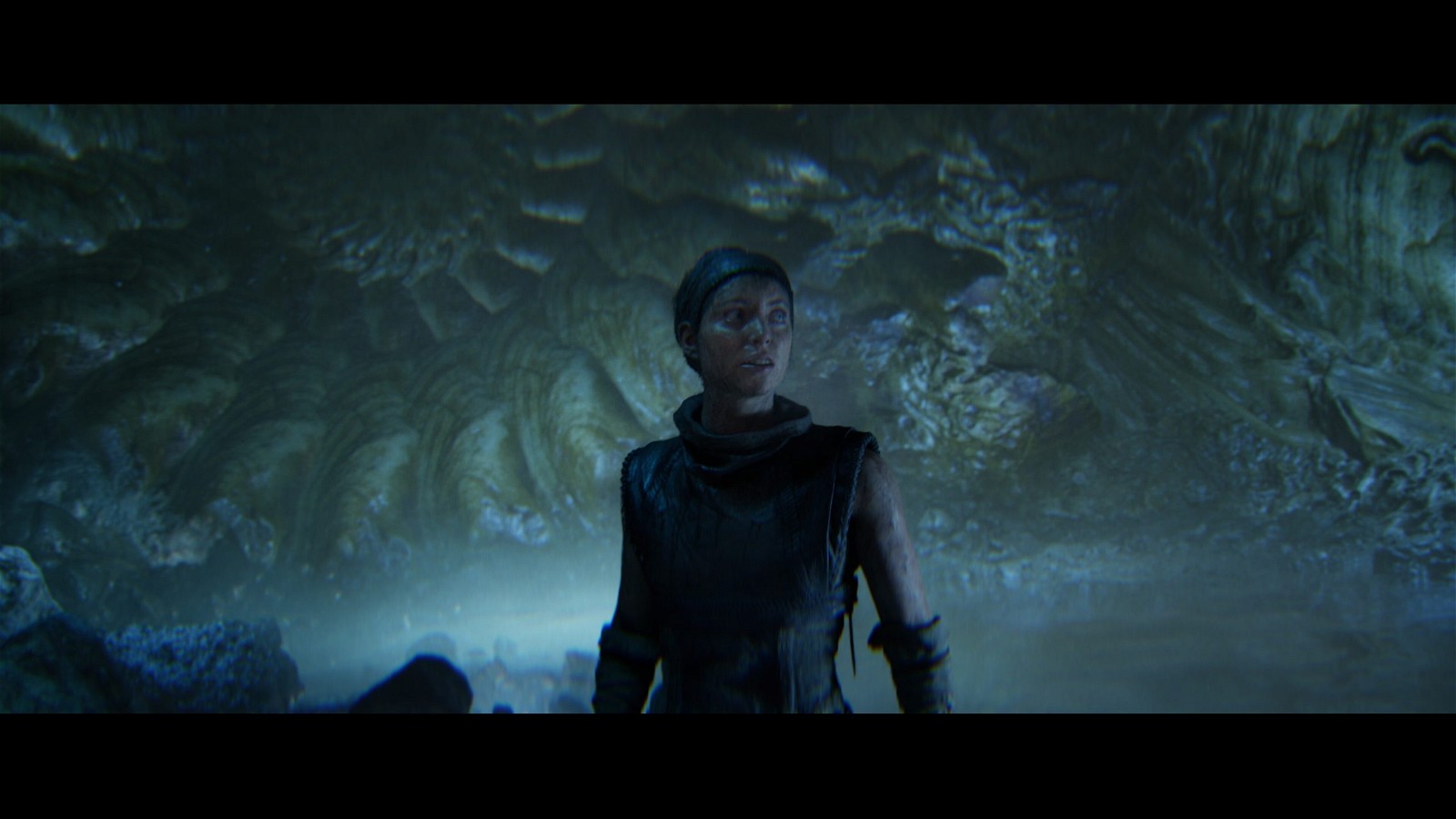 Senua's confidence in this particular scene is "eroded," and the meticulous facial animation shows it.