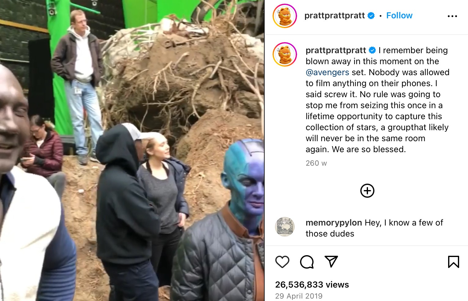 Chris Pratt’s 2019 BTS Endgame video | image: Instagram/@prattprattpratt