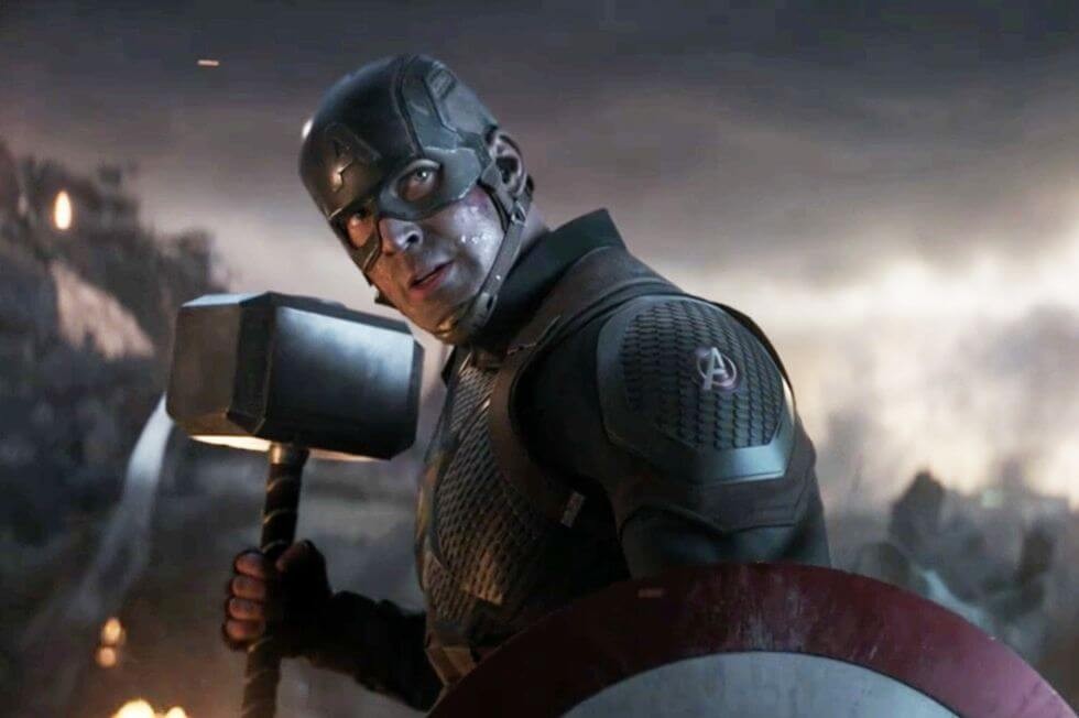 Captain America wielding Thor's Mjolnir.
