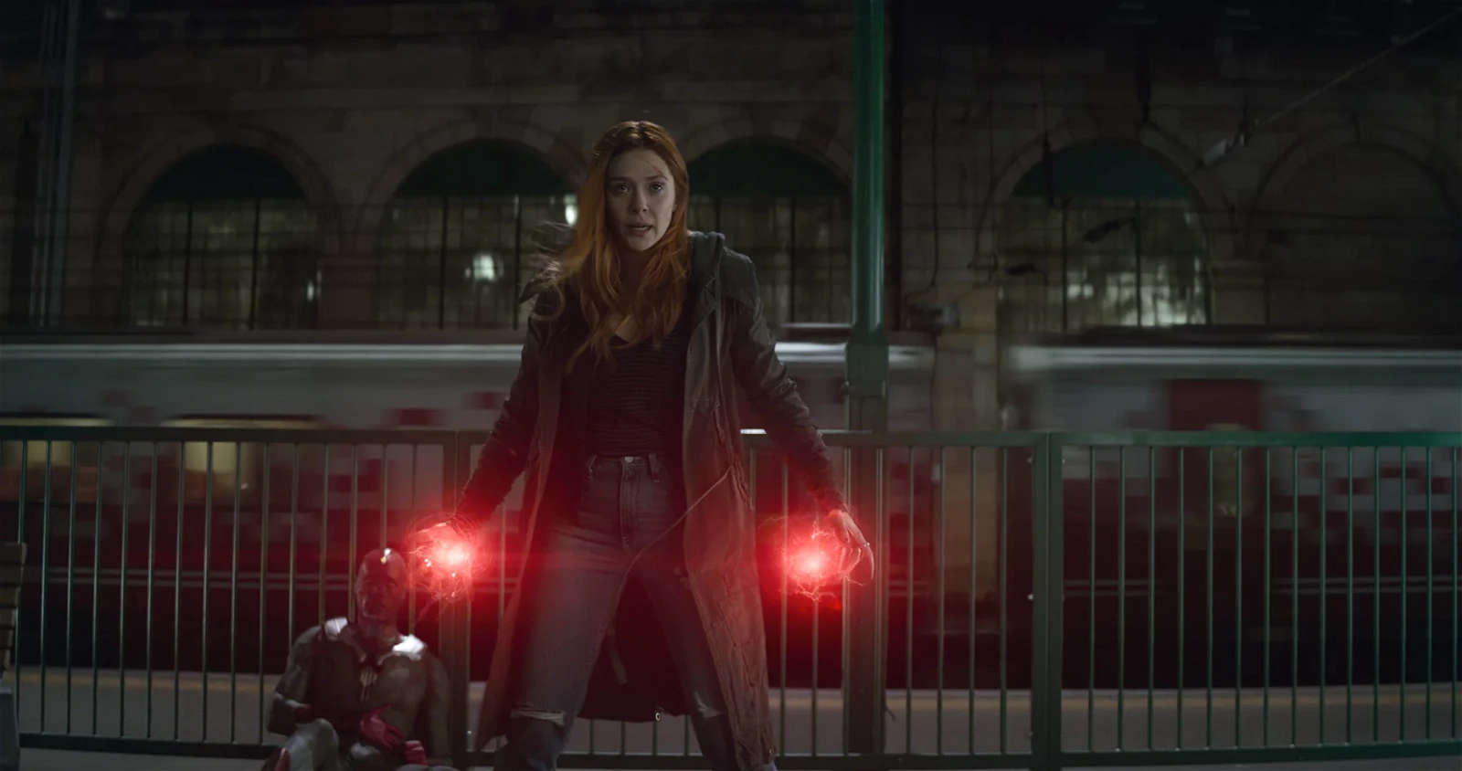 Elizabeth Olsen as Scarlet Witch in the battle against Black Oder in Avengers: Infinity War.