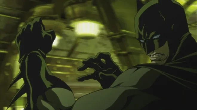 Batman growls in anger in an action sequence in the animated movie Batman: Gotham Knight