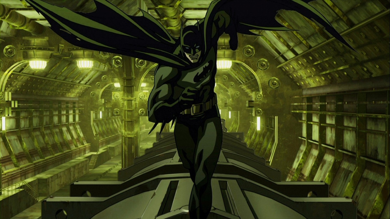 Batman runs on top of a train in tunnel in Batman: Gotham Knight