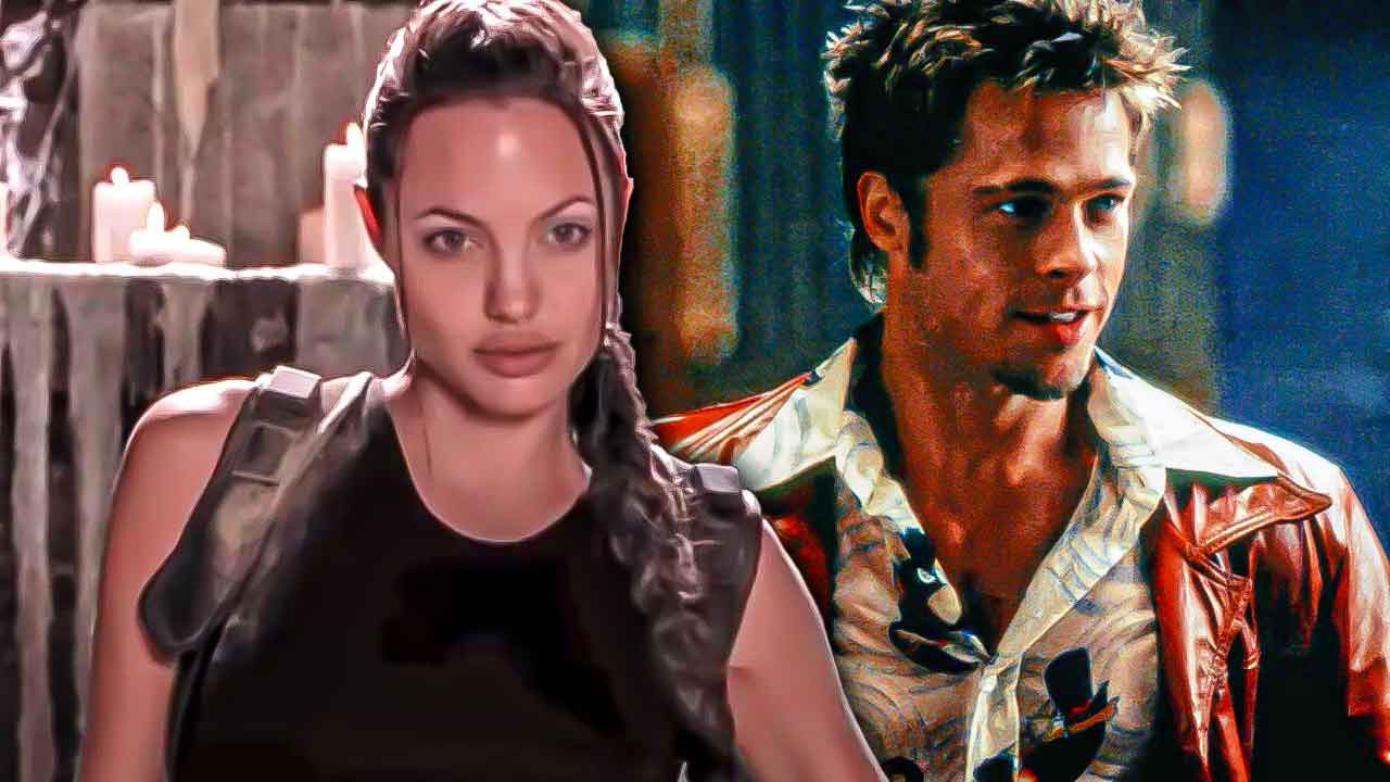 angelina jolie from tomb raider and brad pitt from fight vlub on right