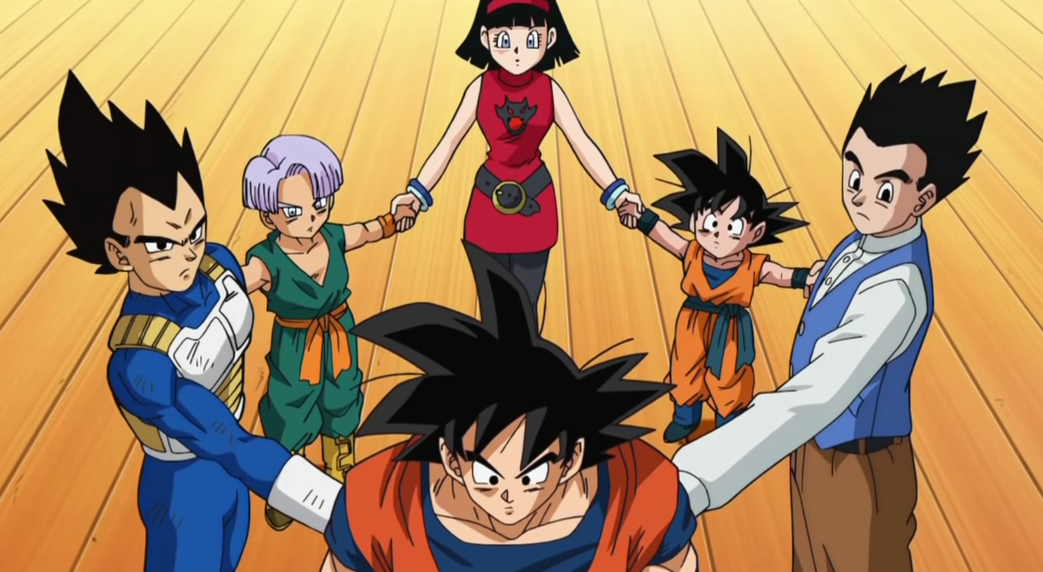 The Z Fighters performing the ritual to transform Goku in SSJ God