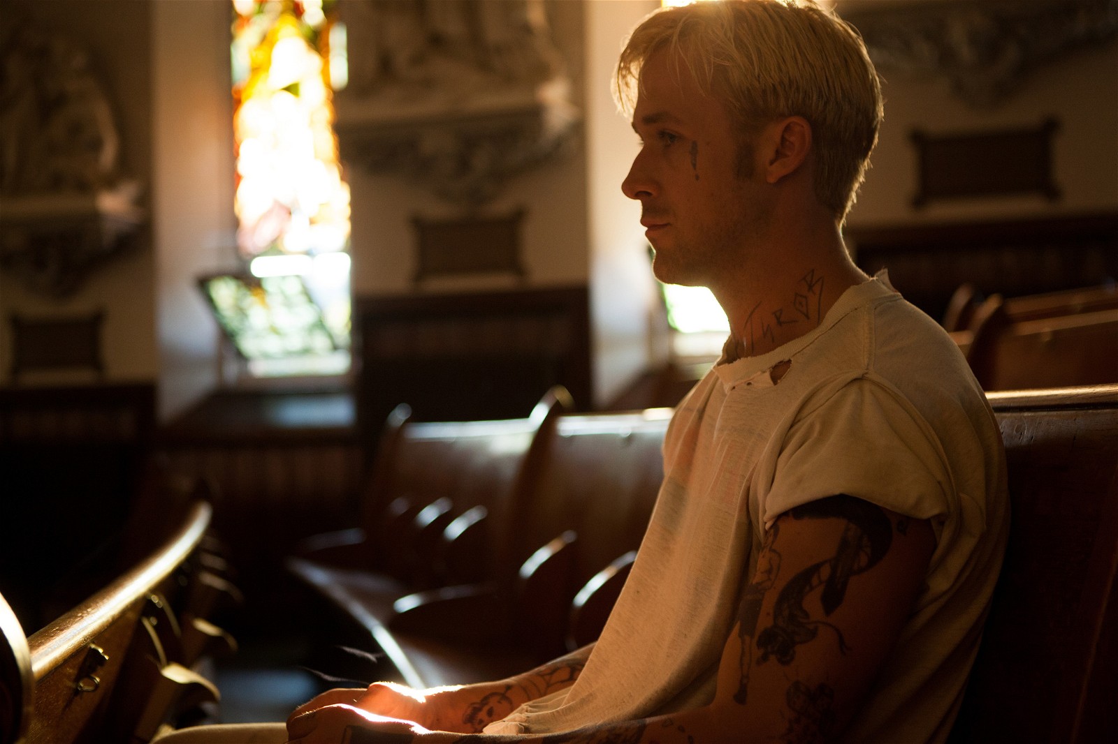 Ryan Gosling performs an intense scene at an empty Church in The Place Beyond The Pines