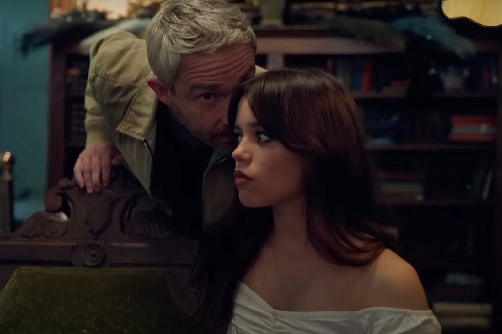 Martin Freeman and Jenna Ortega share an intimate moment in a still from Miller's Girl
