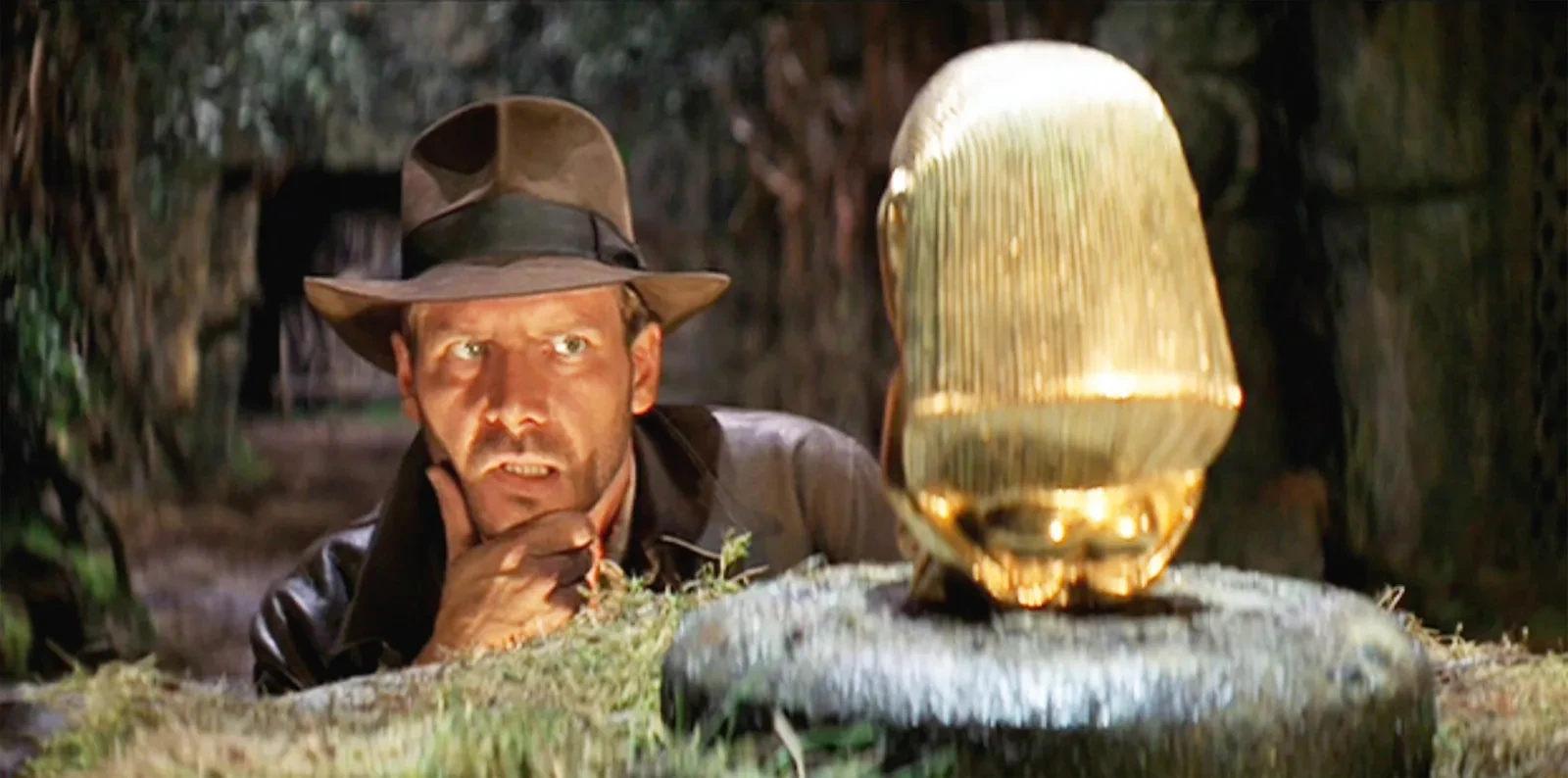 Indiana Jones replaces the Golden Idol in the Peruvian Temple in Steven Spielberg's Raider of the Lost Ark