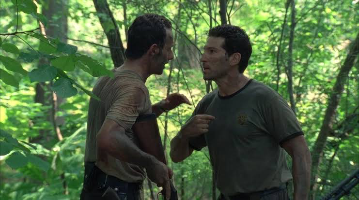 Andrew Lincoln’s Rick and Bernthal’s Shane in an argument during the early episodes of The Walking Dead
