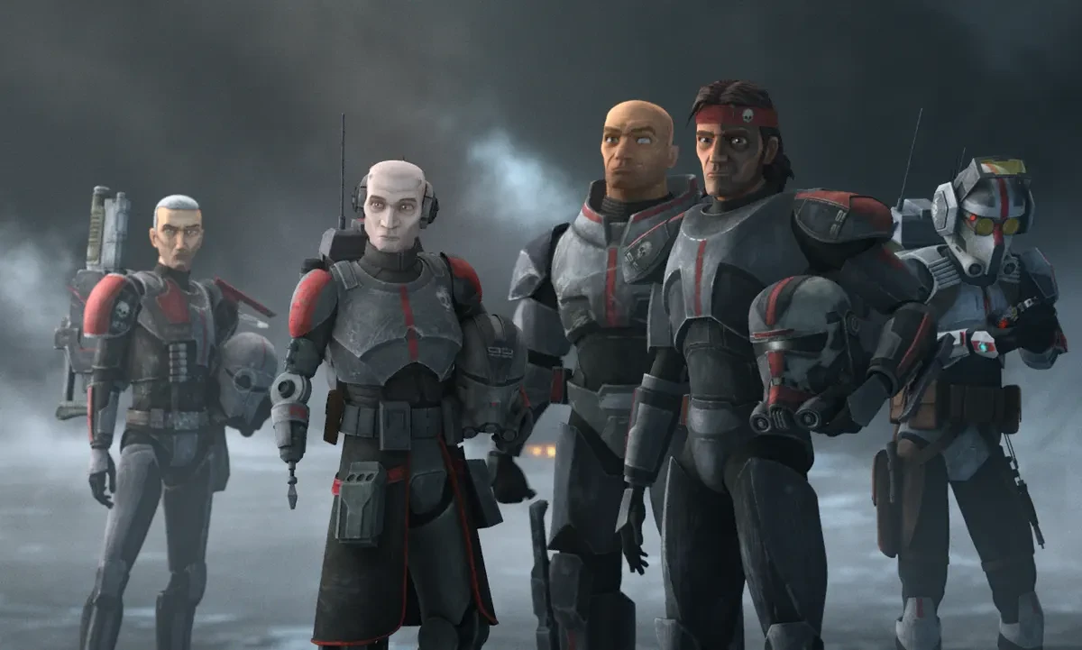 The members of Clone Force 99, voiced by Dee Bradley Baker stand amidst a smoke-filled area in Star Wars:  The Bad Batch