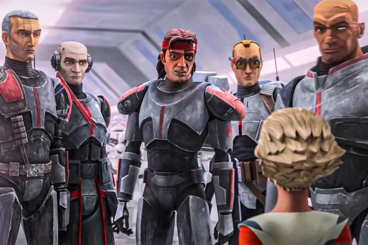 The members of Clone Force 99 have a conversation with Omega aboard a ship in Star Wars: The Bad Batch