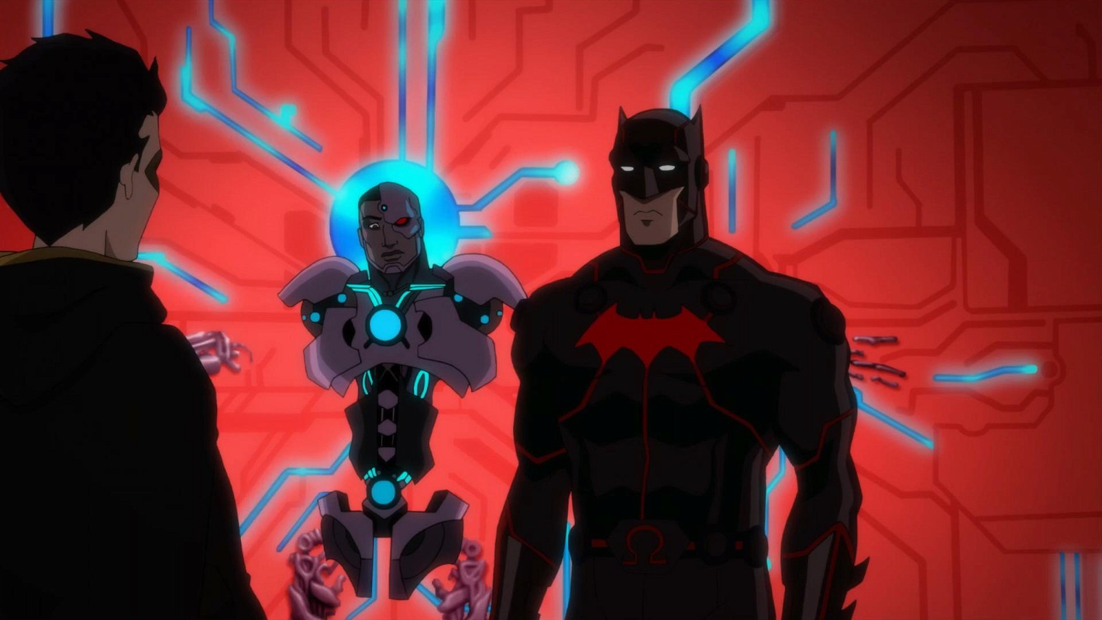 Batman, Damien Wayne, and Cyborg in Justice League Dark: Apokalips War
