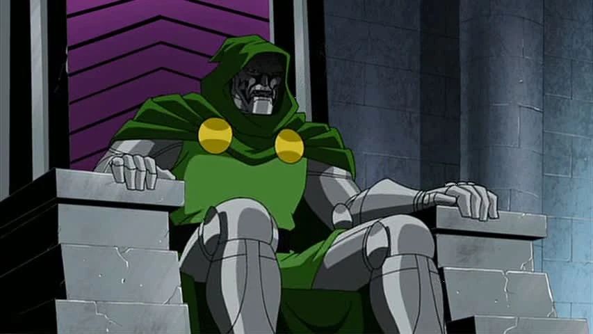 Doctor Doom sits on a throne in a still from The Avengers: Earth's Mightiest Heroes