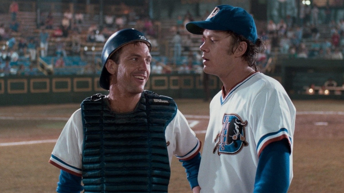 Kevin Costner and Tim Robbins play Crash and Nuke in the baseball comedy film Bull Durham