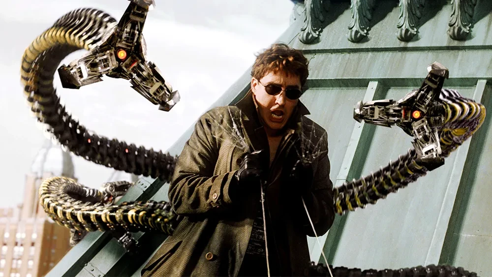 Alfred Molina's Doctor Octopus fights Spider-Man in an action scene from Spider-Man 2