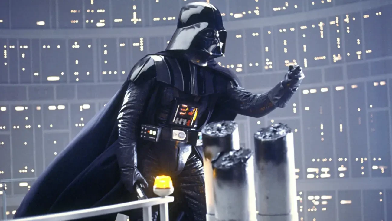 David Prowse as Darth Vader in a still from the movie.