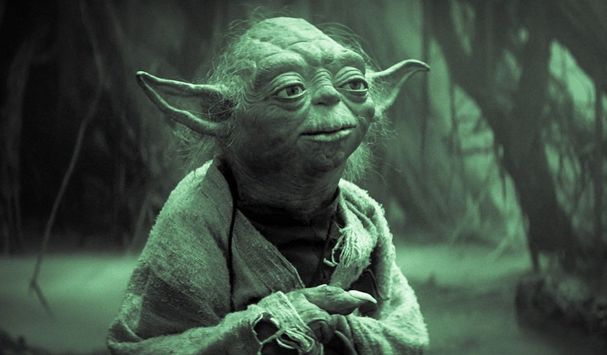 Master Yoda, who is known for his unique speaking style in a still from Star Wars