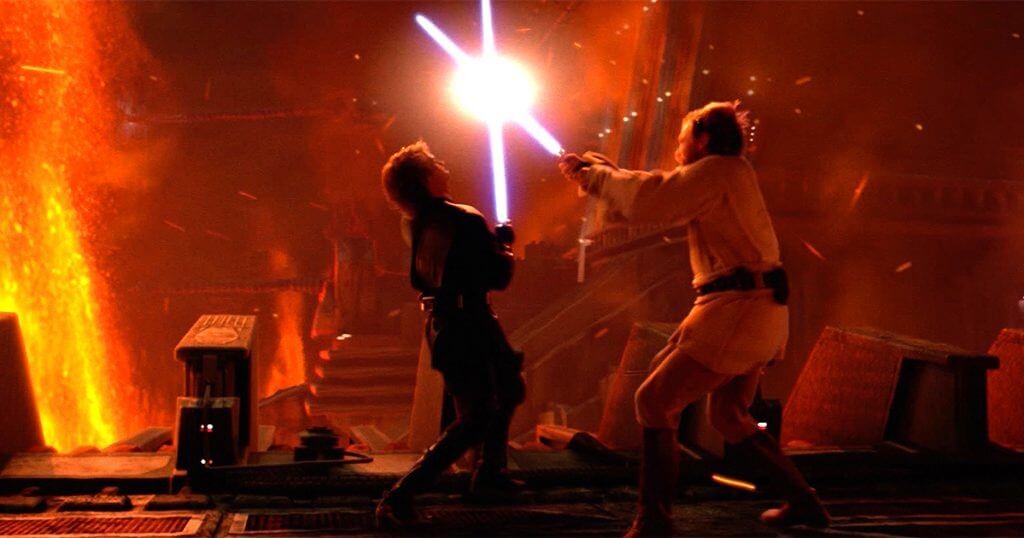 A still from the movie, showcasing the fight between Anakin Skywalker and Obi-Wan Kenobi.