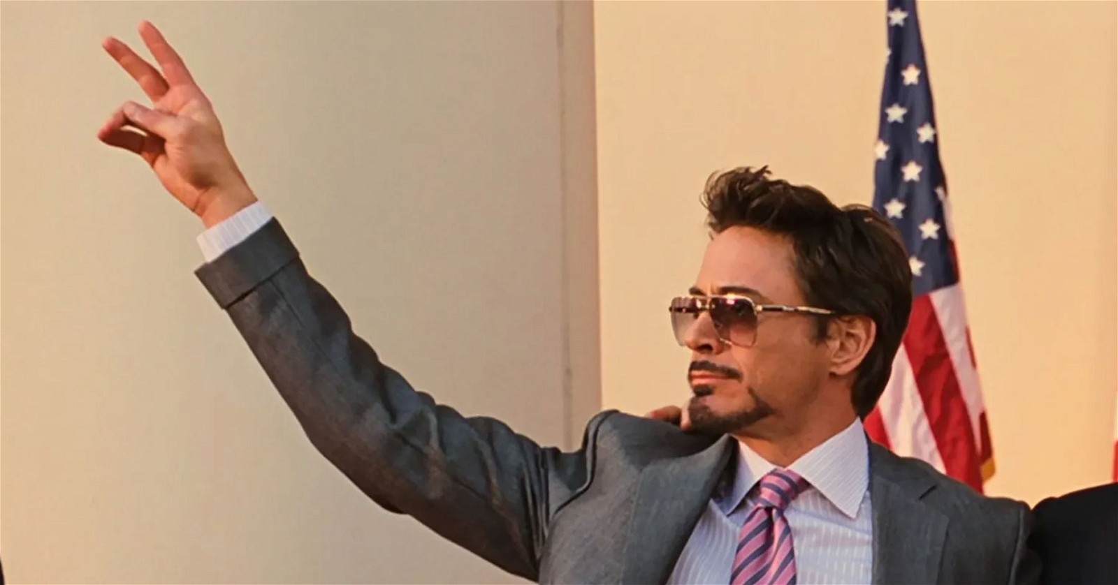 Tony Stark's flaunting the peace sign in Iron Man 2
